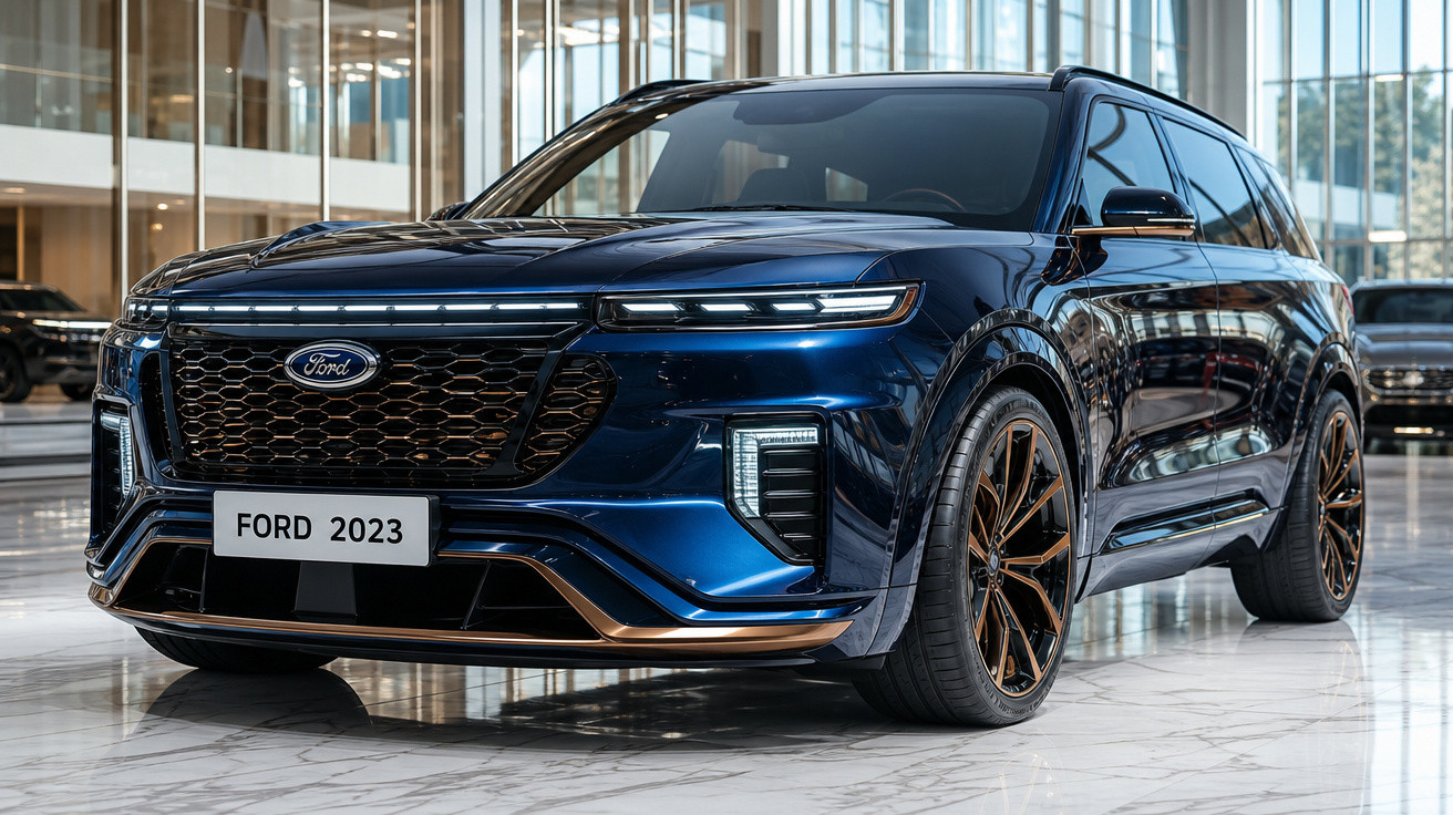 SUV Ford 2023 azul com detalhes em bronze exposto em showroom moderno com piso de mármore.