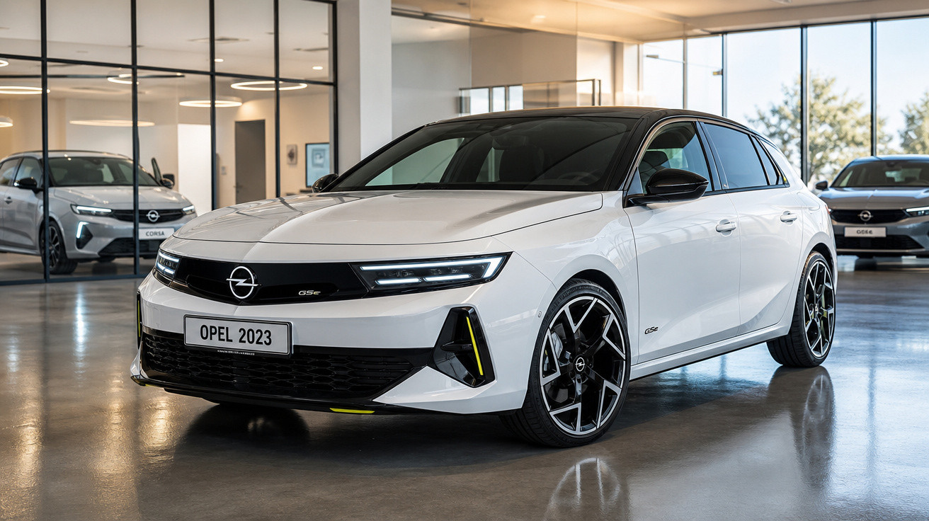 Carro branco Opel 2023 modelo GSe estacionado em showroom moderno com piso refletivo.