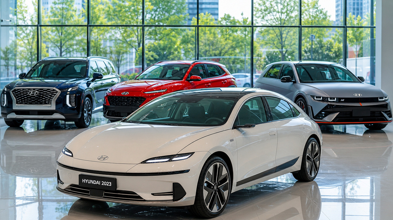 Showroom moderno com quatro carros Hyundai 2023 em cores branca, preta, vermelha e cinza.