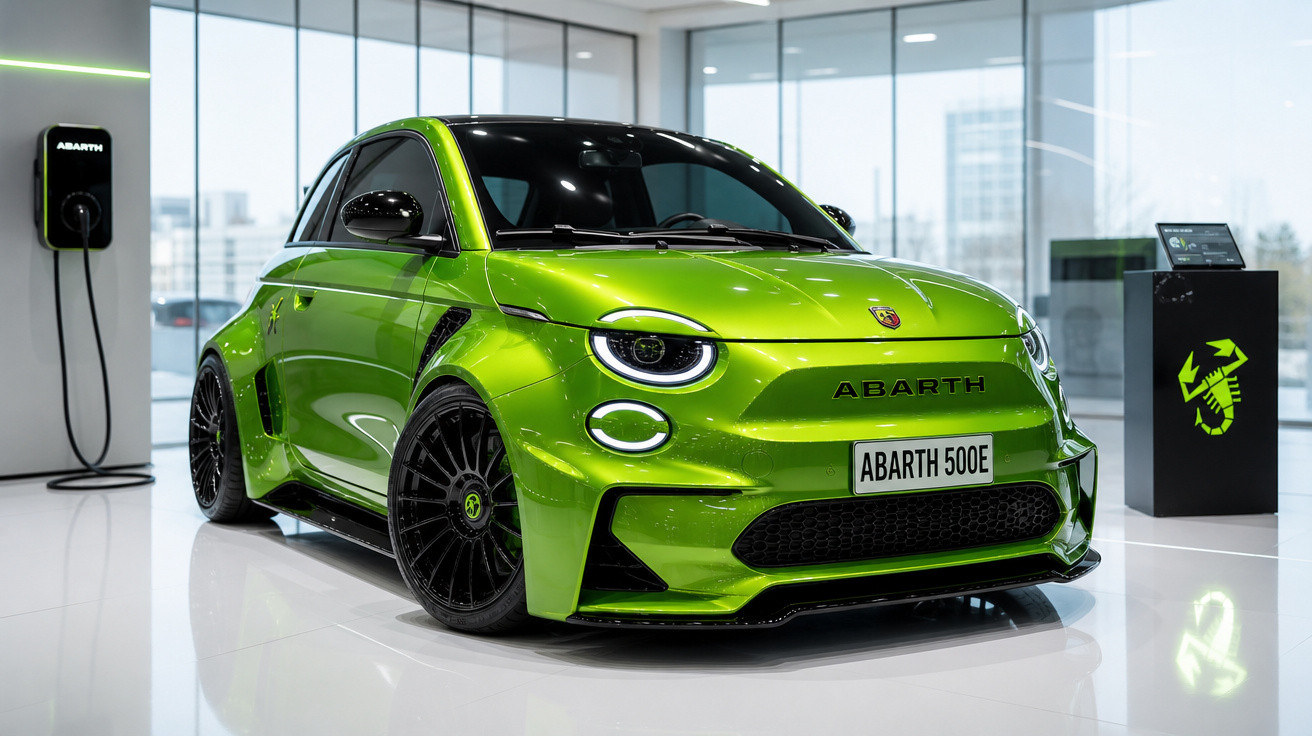 Carro esportivo elétrico verde Abarth 500E em salão moderno com carregador na parede.
