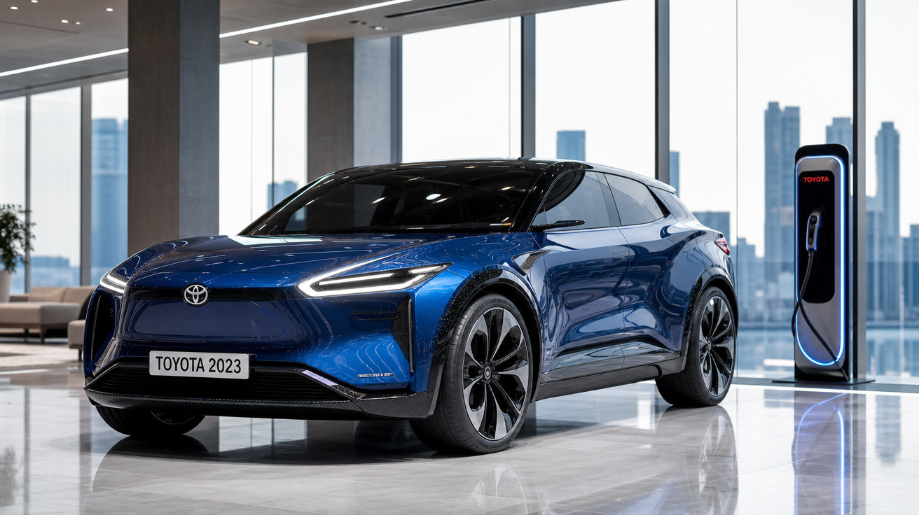 Carro elétrico Toyota azul 2023 em showroom moderno, próximo a estação de recarga veicular.