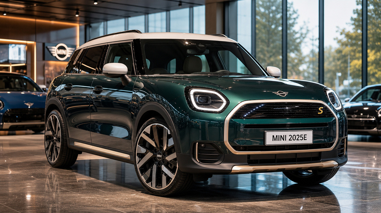 Carro elétrico MINI 2025E verde com teto branco em exposição interna moderna e iluminada.
