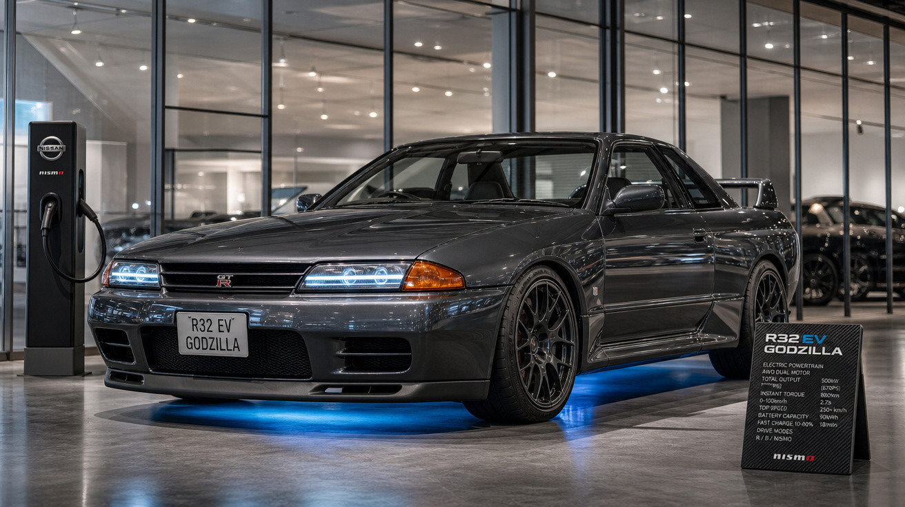 Carro esportivo Nissan GT-R R32 EV Godzilla em exposição com iluminação azul no chão.
