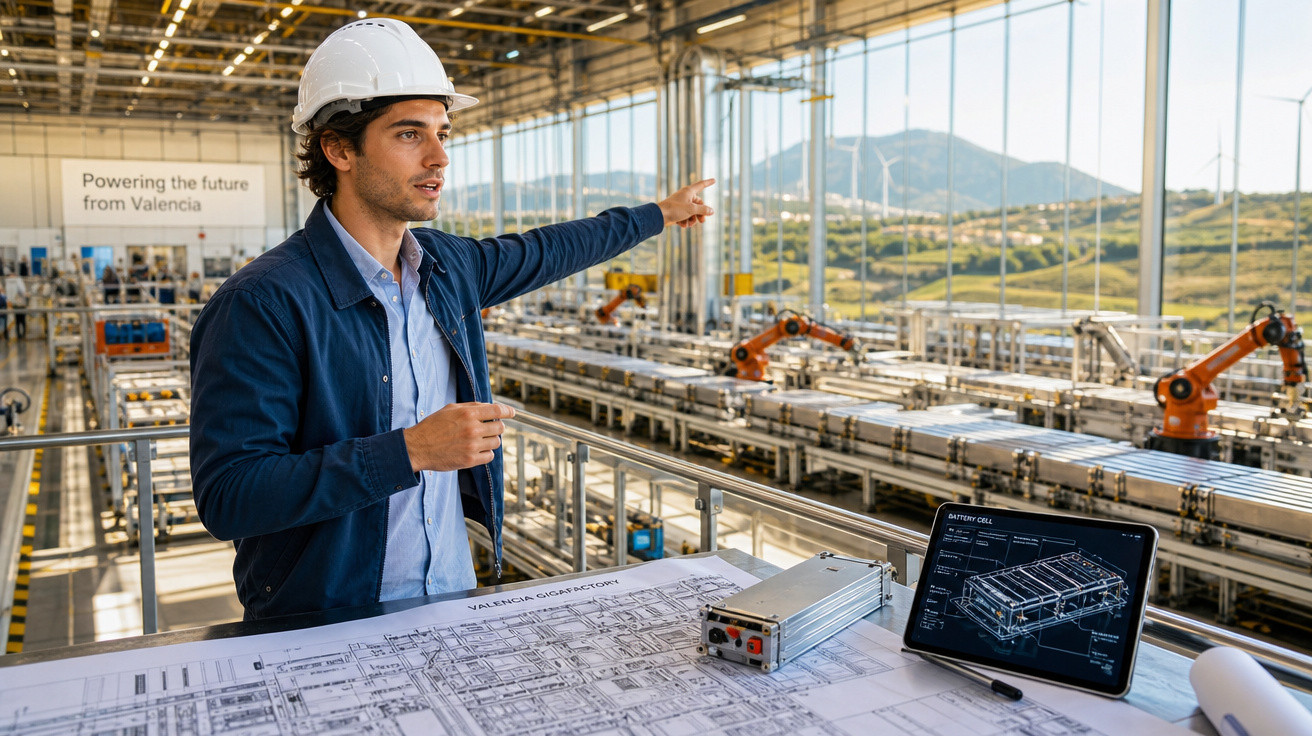 Homem com capacete em fábrica moderna aponta enquanto analisa plantas e projeto eletrônico na mesa de trabalho.