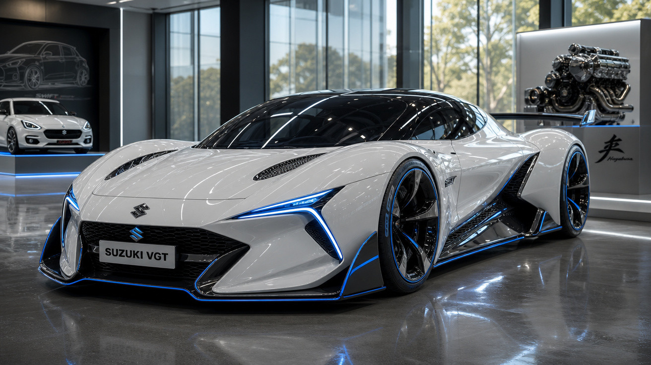 Carro esportivo branco Suzuki VGT com detalhes em azul em exposição dentro de showroom moderno.