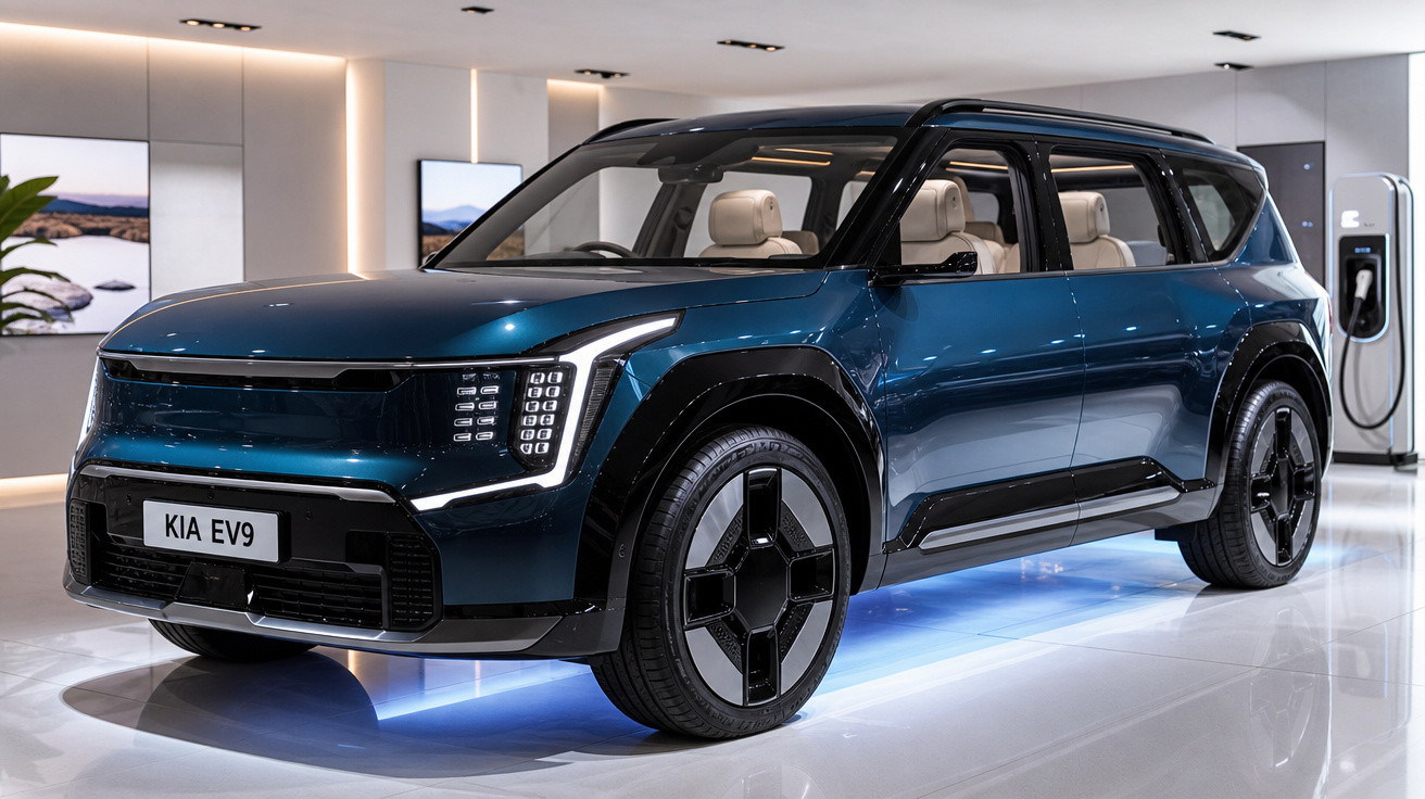 Carro SUV elétrico Kia EV9 azul escuro exibido em showroom moderno com carregador elétrico ao fundo.