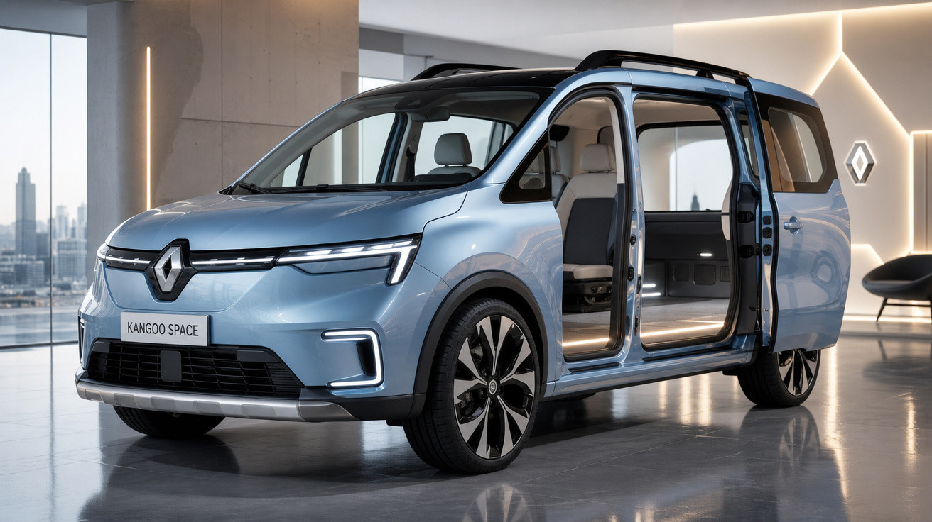 Renault Kangoo Space azul com portas laterais deslizantes abertas em showroom moderno e iluminado.