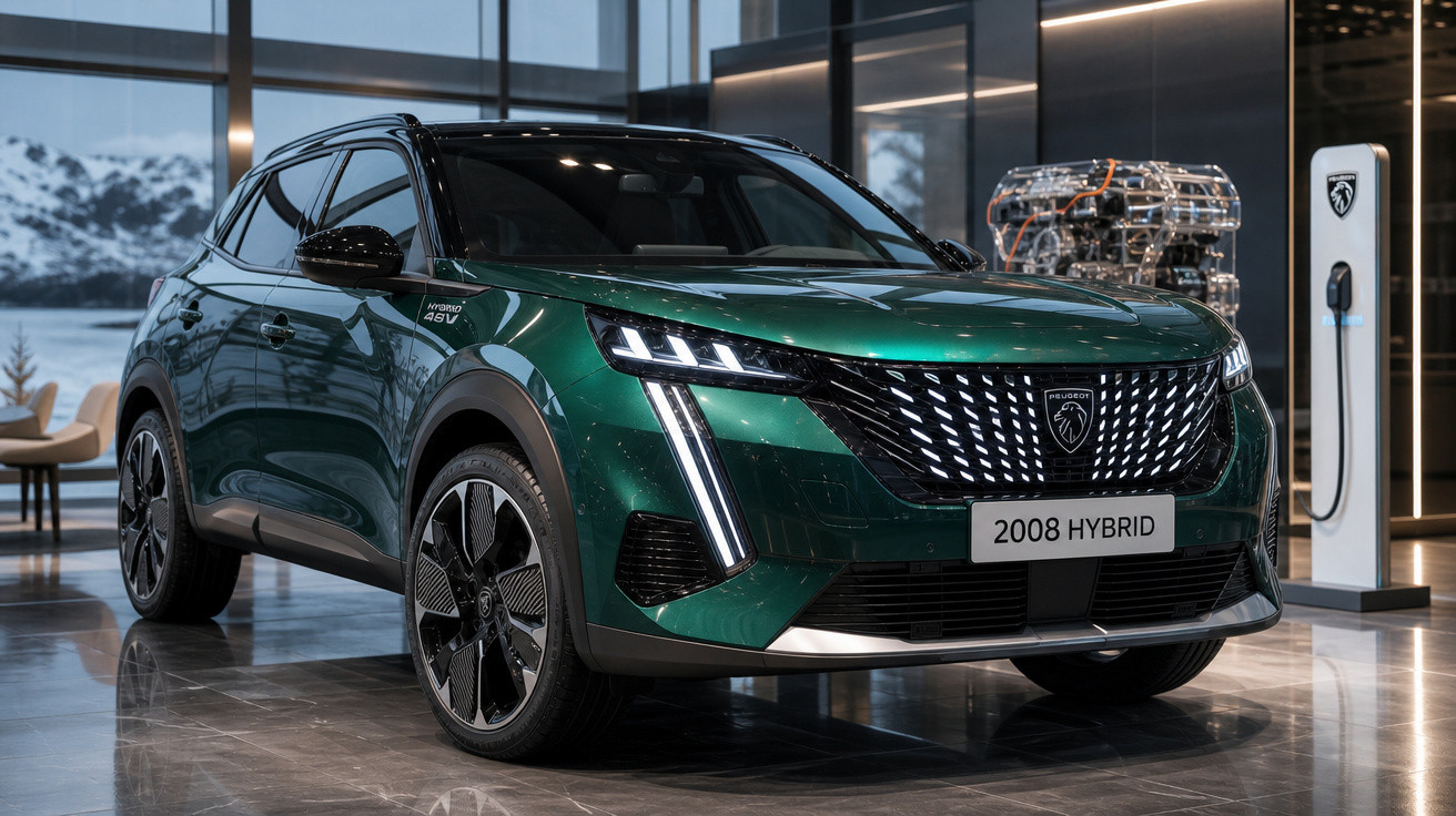 Carro verde Peugeot 2008 Hybrid em showroom moderno com estação de recarga elétrica ao lado.