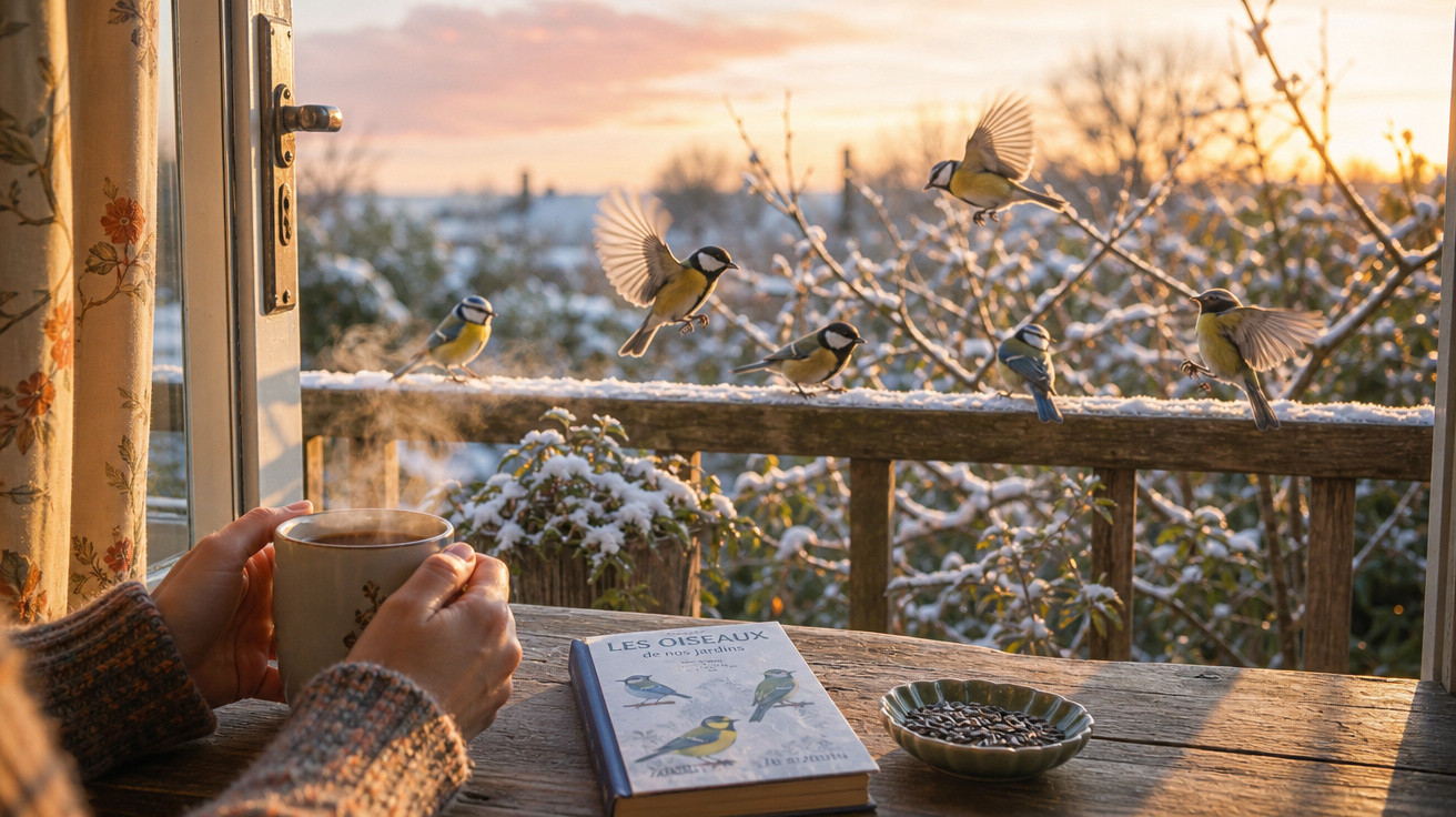 Pessoa segurando caneca dentro de casa, aves pousando em varanda com plantas e neve ao amanhecer.