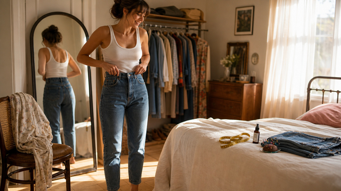Mulher sorrindo experimenta calça jeans em quarto com espelho, cama e cabideiro ao fundo.