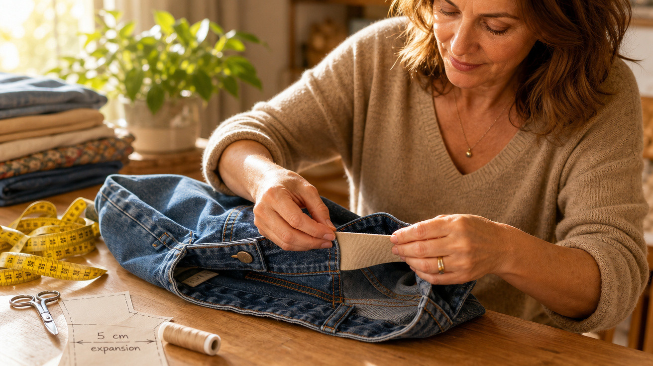 Mulher costurando etiqueta em jaqueta jeans em mesa com fita métrica, tesoura e peças de roupa ao fundo.