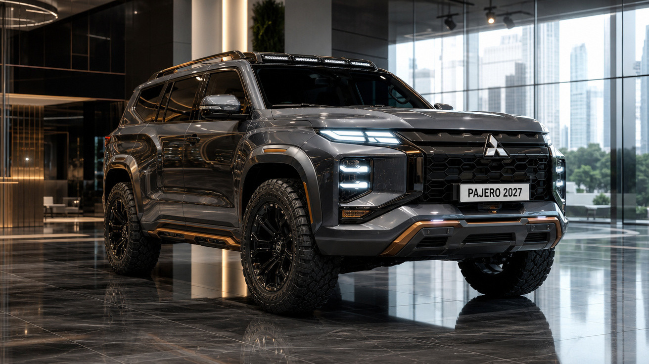 SUV Mitsubishi Pajero 2027 cinza escuro em showroom moderno com detalhes em led ligados.