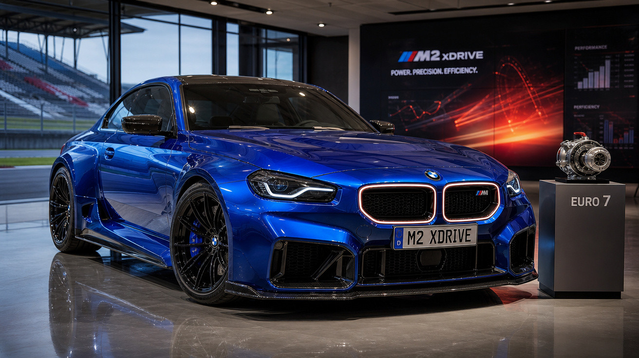 Carro esportivo BMW M2 XDrive azul em exposição interna com motor ao lado e placa personalizada.