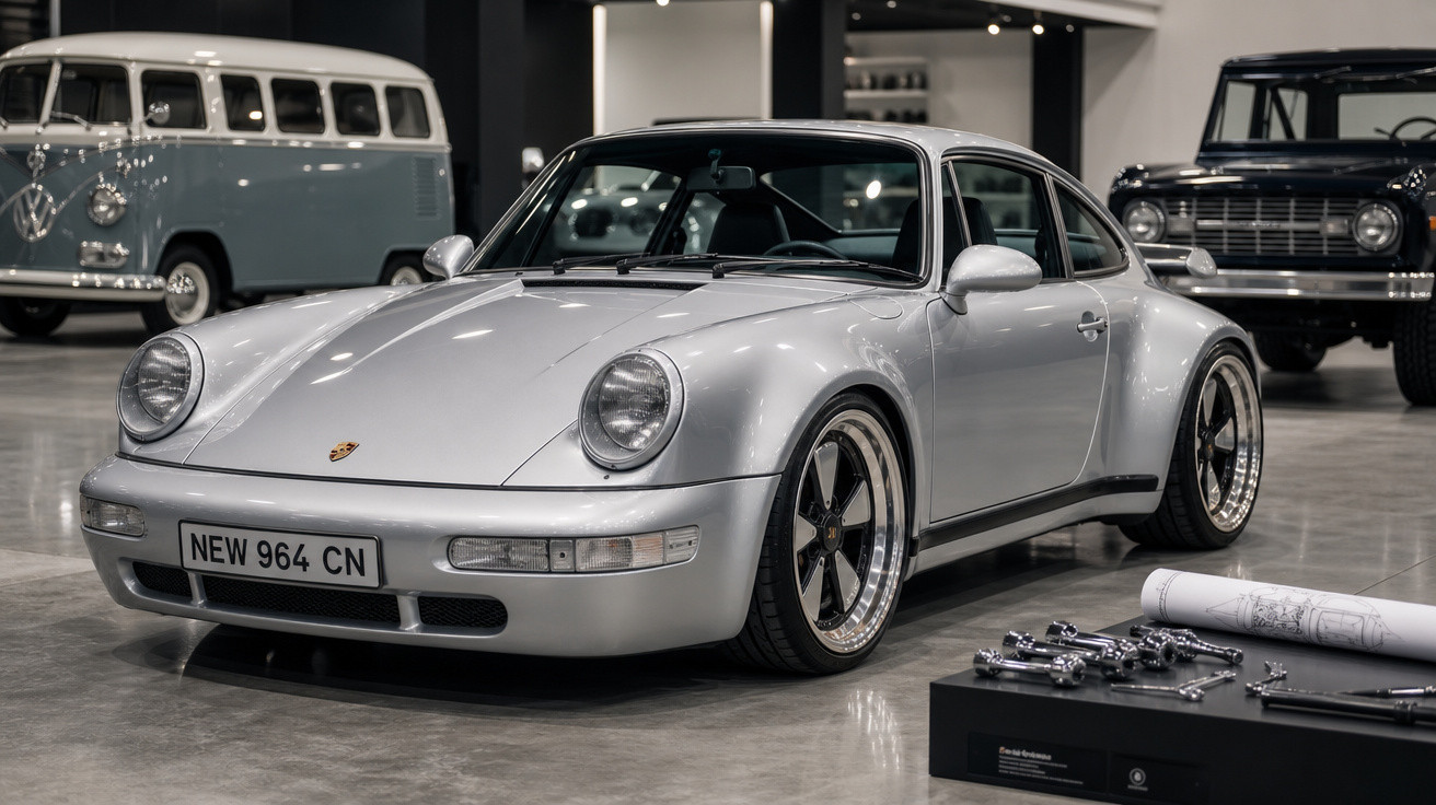 Carro esportivo Porsche prata estacionado em garagem com outros veículos clássicos ao fundo.