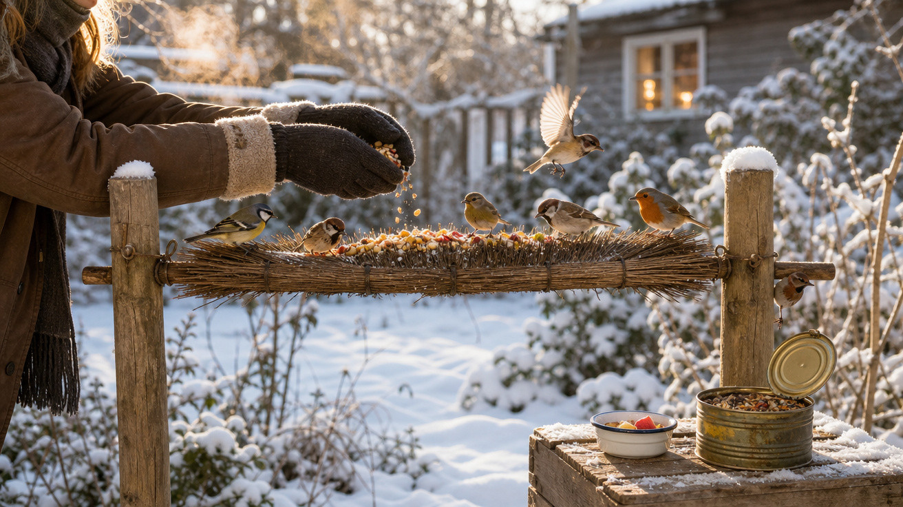 Pessoa alimentando pássaros em suporte rústico em jardim coberto de neve durante inverno ensolarado.