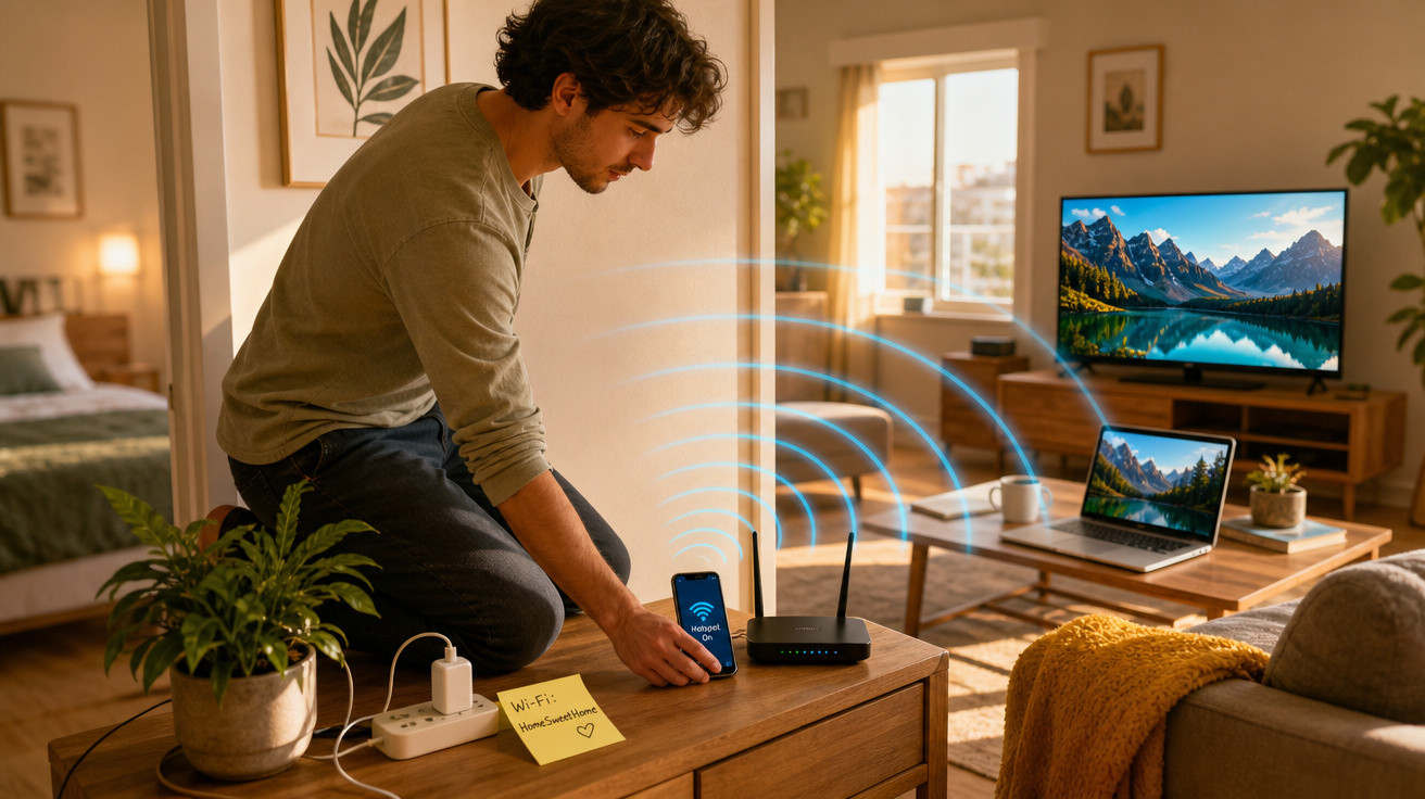 Homem conecta smartphone a roteador Wi-Fi em sala de estar iluminada e organizada.