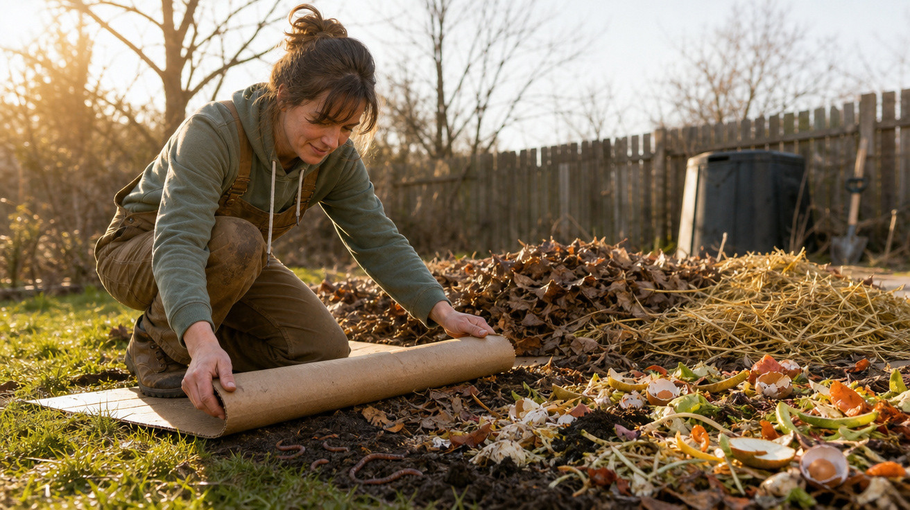 Mulher preparando compostagem no jardim com restos orgânicos, folhas secas e cobertura de papelão.
