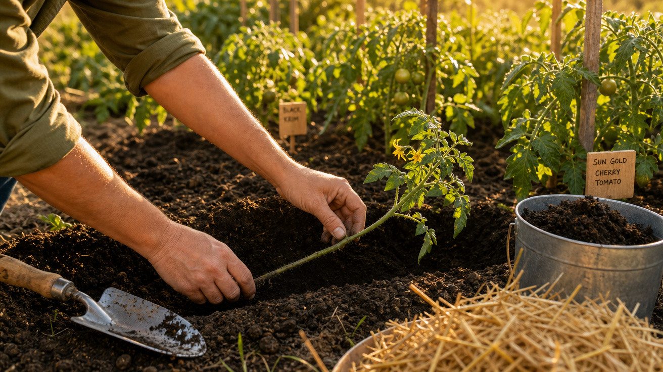 Pessoa plantando muda de tomate em solo fértil em um jardim ensolarado ao entardecer.