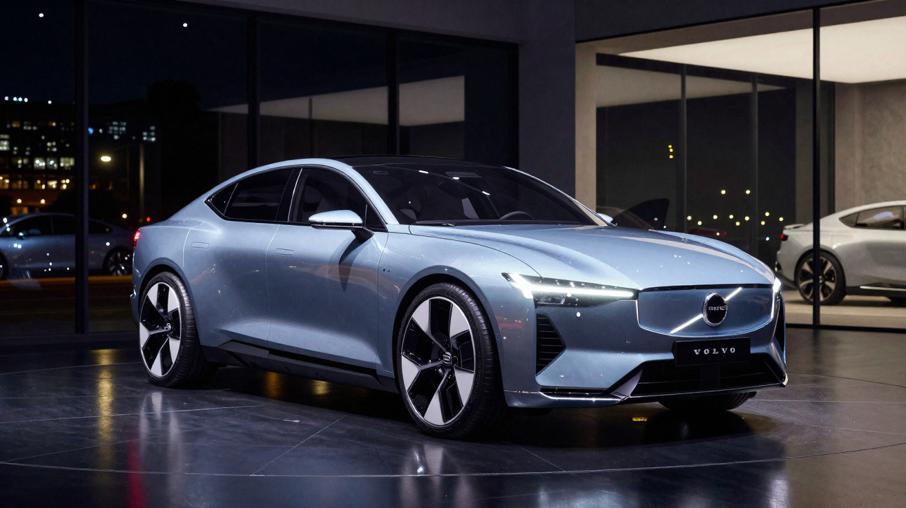 Carro elétrico Volvo cinza metálico estacionado em ambiente moderno e iluminado à noite.