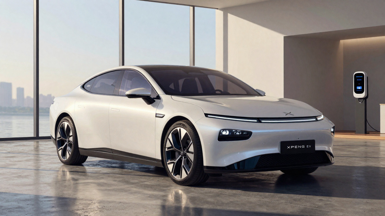 Carro elétrico branco XPeng EV estacionado em garagem moderna com carregador ao fundo e vista para o cenário urbano.