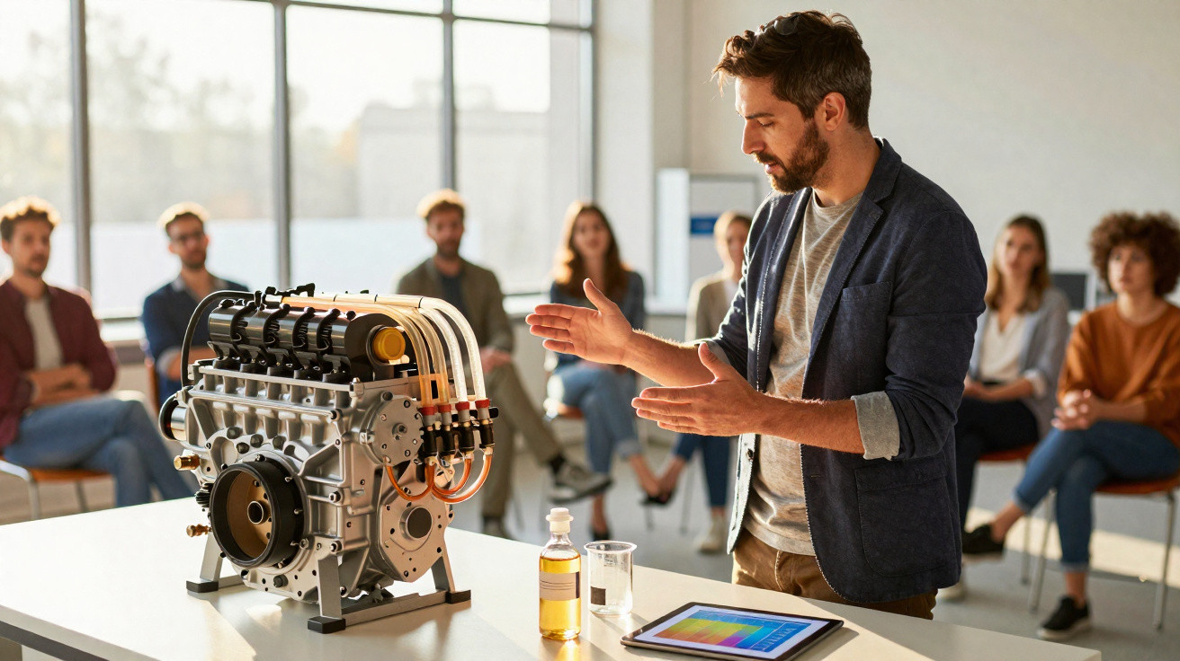 Homem explica funcionamento de motor experimental para grupo sentado em sala iluminada.