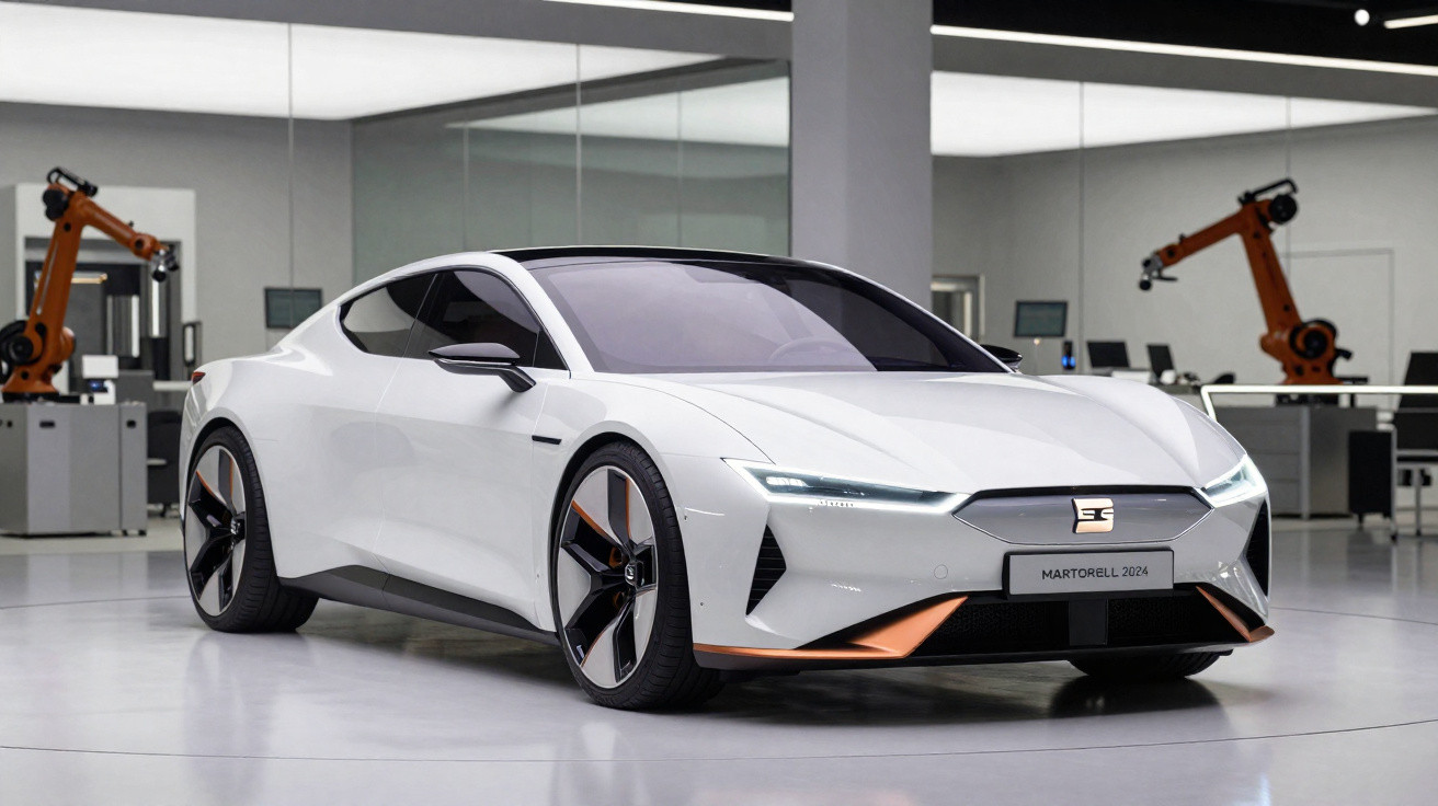 Carro esportivo branco futurista em garagem moderna com braços robóticos ao fundo.