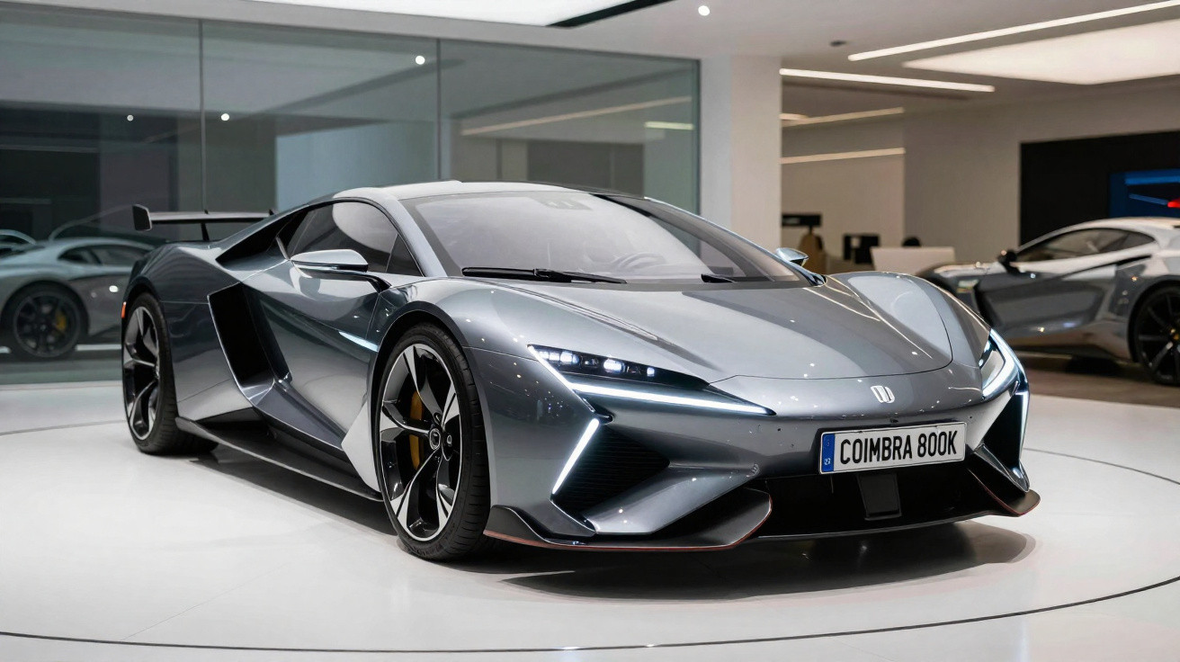 Carro esportivo cinza metálico em exposição com design aerodinâmico e faróis modernos acesos.