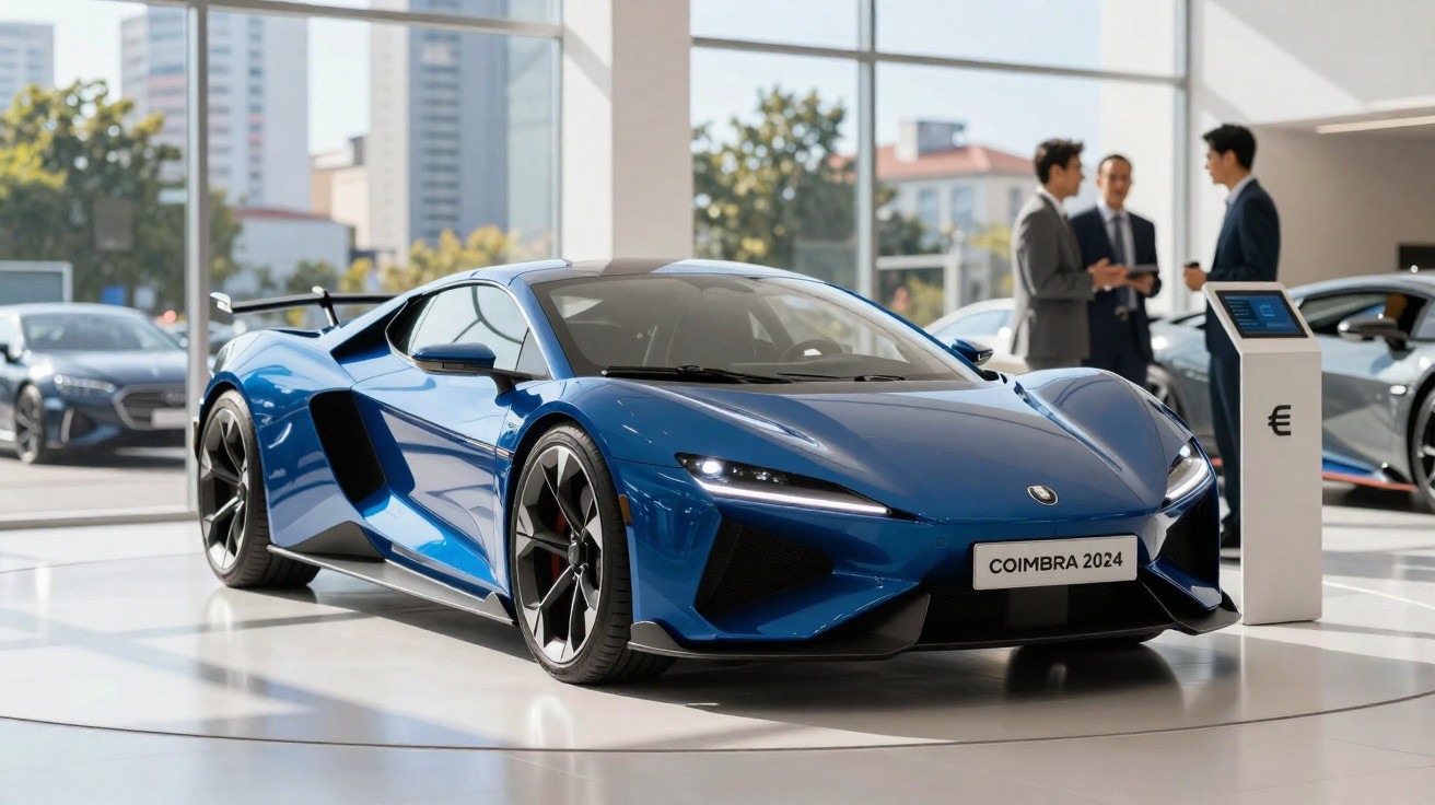 Carro esportivo azul brilhante modelo Coimbra 2024 em showroom com três homens ao fundo conversando.