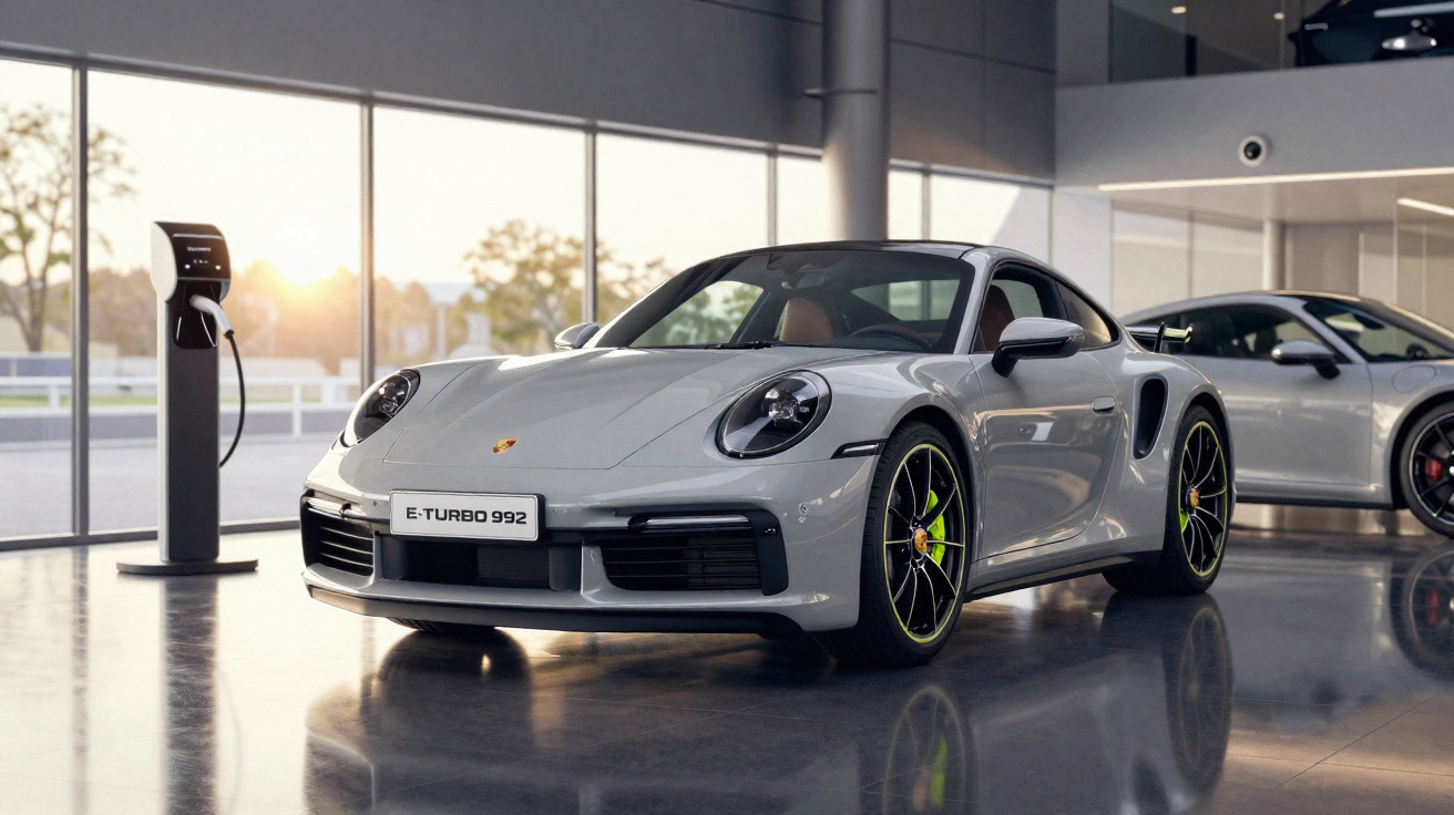 Carro esportivo Porsche E-Turbo 992 cinza em exposição, com carregador elétrico ao lado, em showroom moderno.