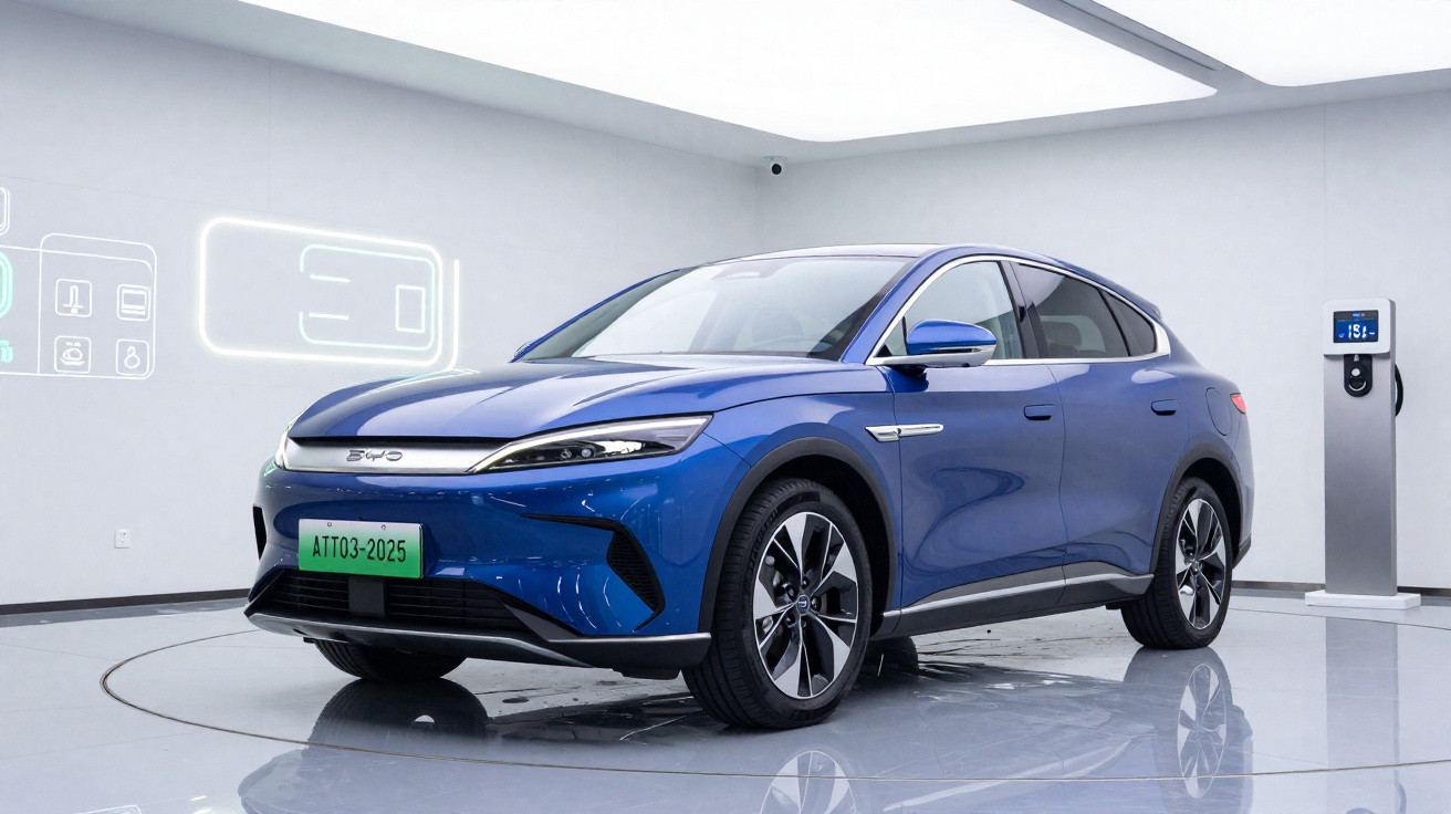 Carro elétrico azul sendo carregado em estação dentro de ambiente moderno e minimalista.
