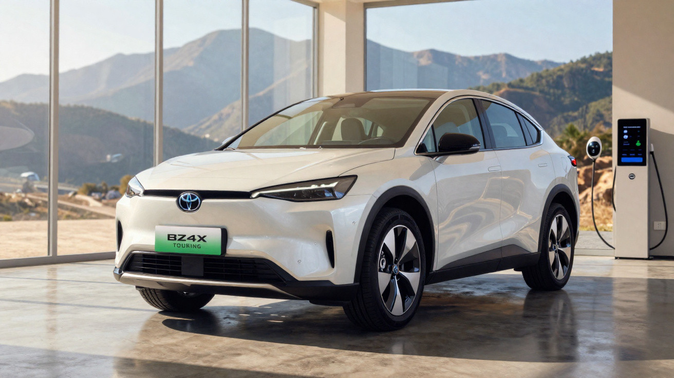 Carro elétrico branco Toyota BZ4X estacionado em garagem com paredes de vidro e vista para montanhas.