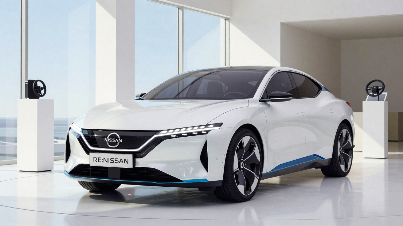 Carro elétrico branco Nissan Re:Nissan exibido em ambiente moderno com janelas grandes e piso branco.
