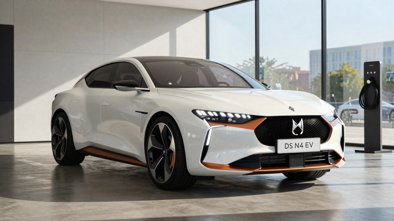 Carro elétrico branco DS N4 EV estacionado em showroom moderno com piso cinza e grandes janelas.
