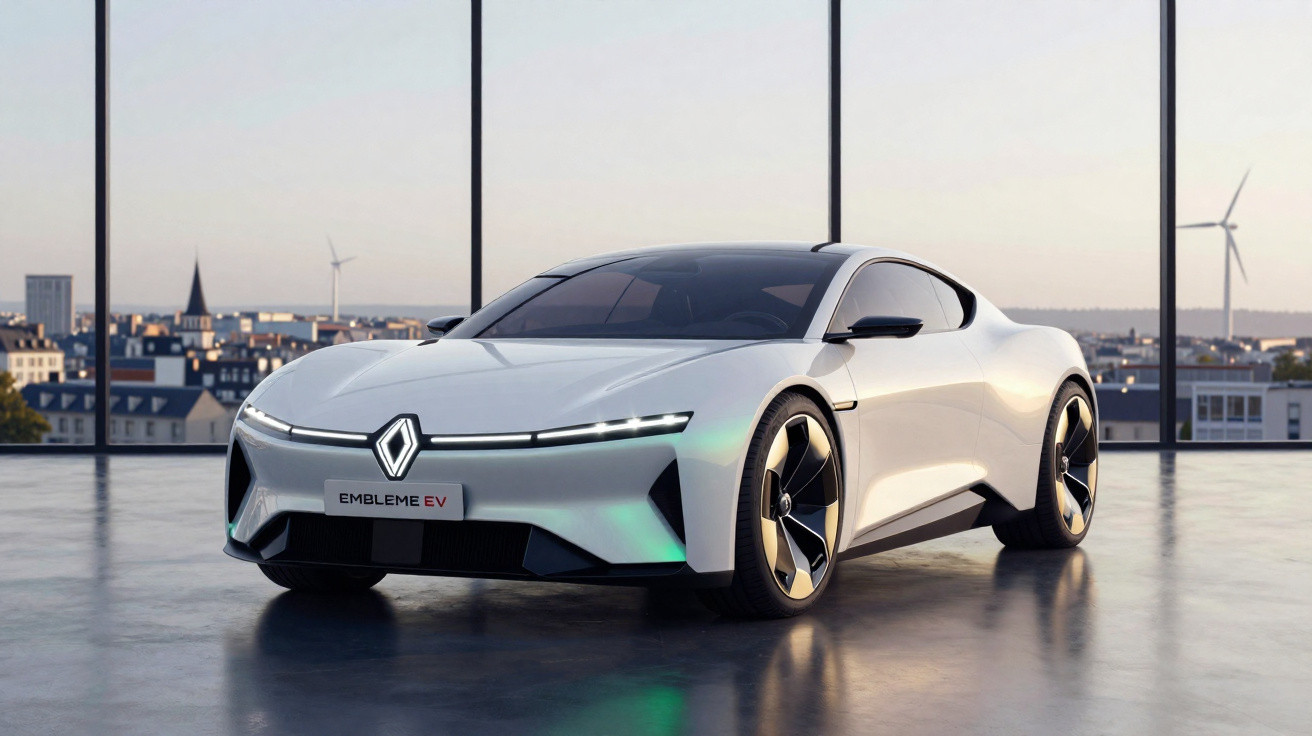 Carro elétrico esportivo branco Renault Embleme EV estacionado em ambiente moderno com fundo urbano.