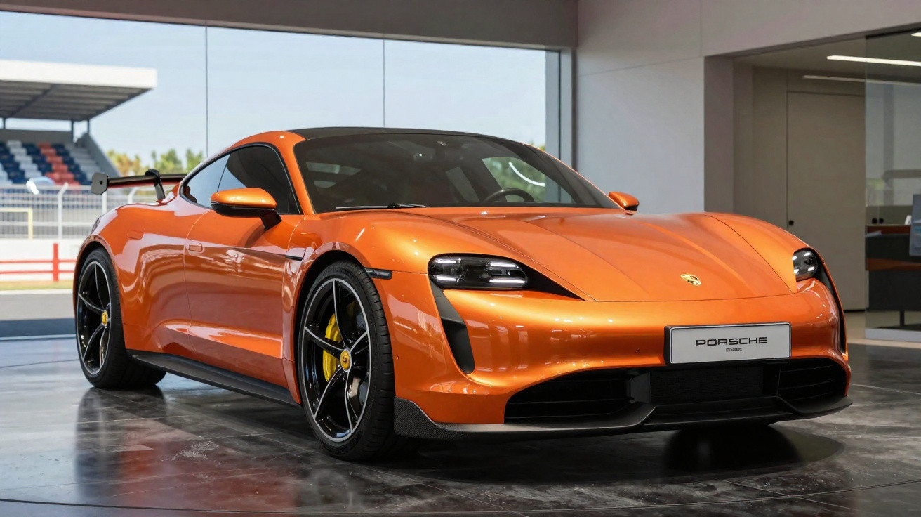 Carro esportivo Porsche Taycan Turbo S laranja estacionado em showroom moderno.