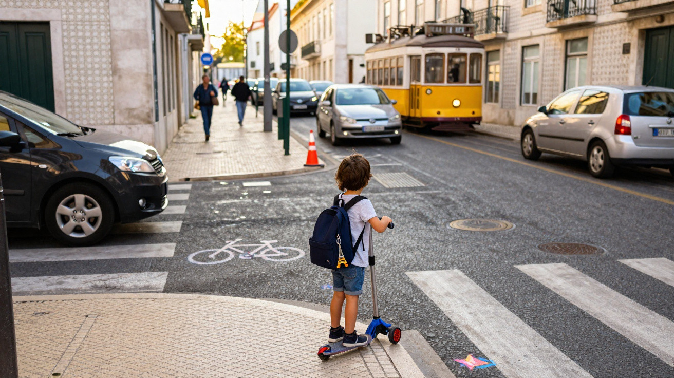 Criança de costas em cima de patinete na calçada, olhando para rua com bonde amarelo e carros ao fundo.