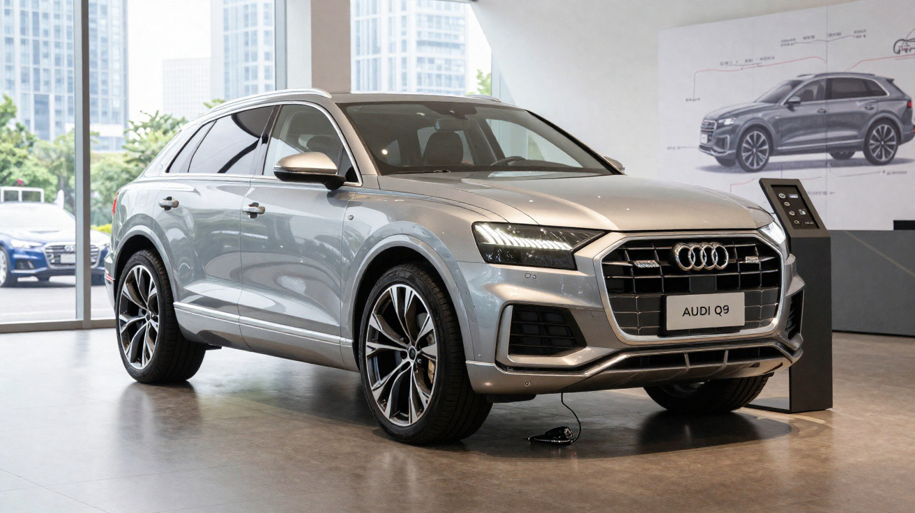 Audi Q9 prata exibido em showroom moderno com design contemporâneo e rodas esportivas.