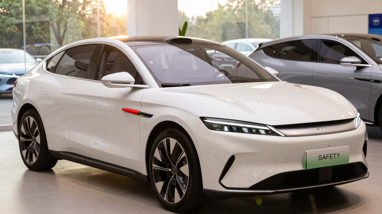 Carro elétrico branco estacionado em showroom iluminado com luz natural ao fundo.