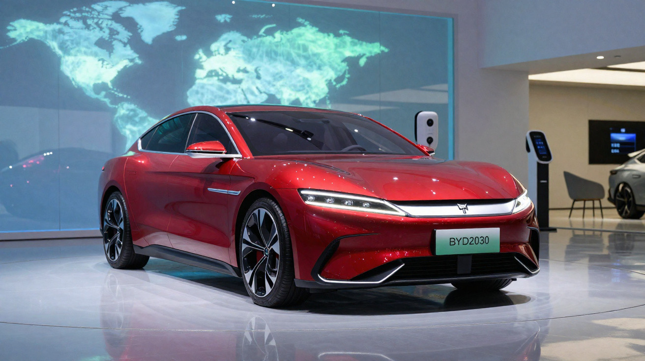 Carro elétrico esportivo vermelho BYD2030 em exposição com mapa-múndi iluminado ao fundo.