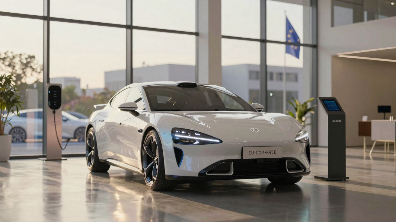 Carro elétrico branco estacionado em showroom moderno com estação de carregamento ao lado.