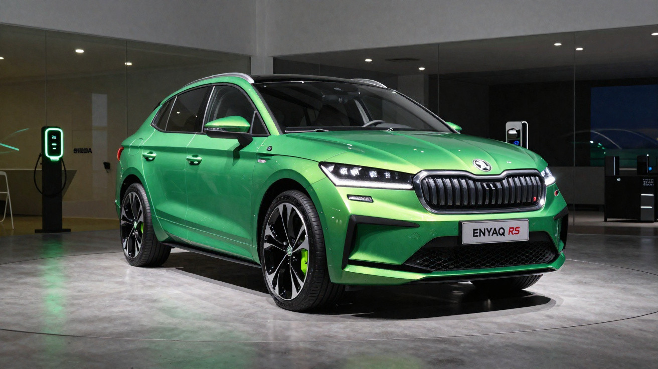 Carro elétrico verde Škoda Enyaq RS estacionado em showroom moderno com carregadores ao fundo.