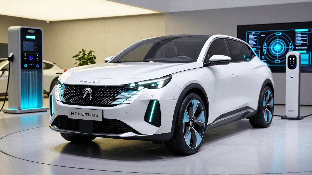 Carro elétrico branco futurista em exposição com estação de carregamento e tela digital ao fundo.