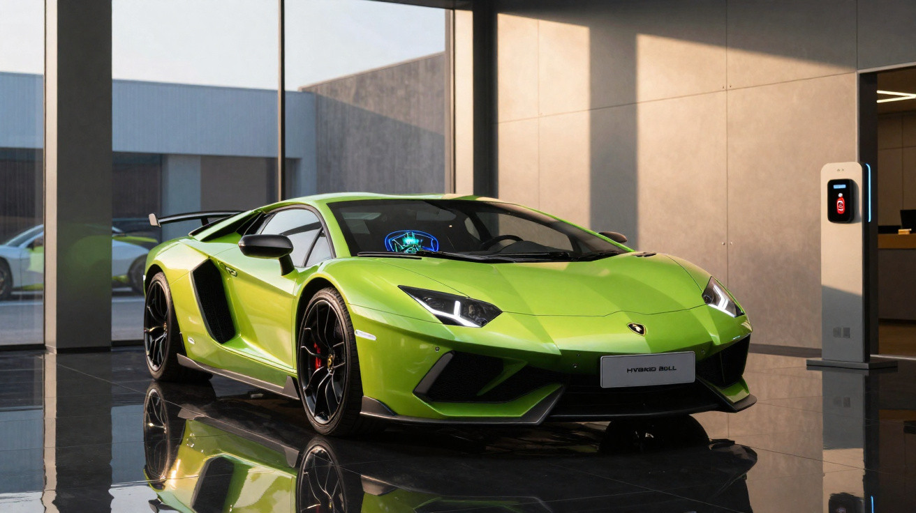 Carro esportivo verde Lamborghini híbrido elétrico estacionado em showroom moderno com piso brilhante.
