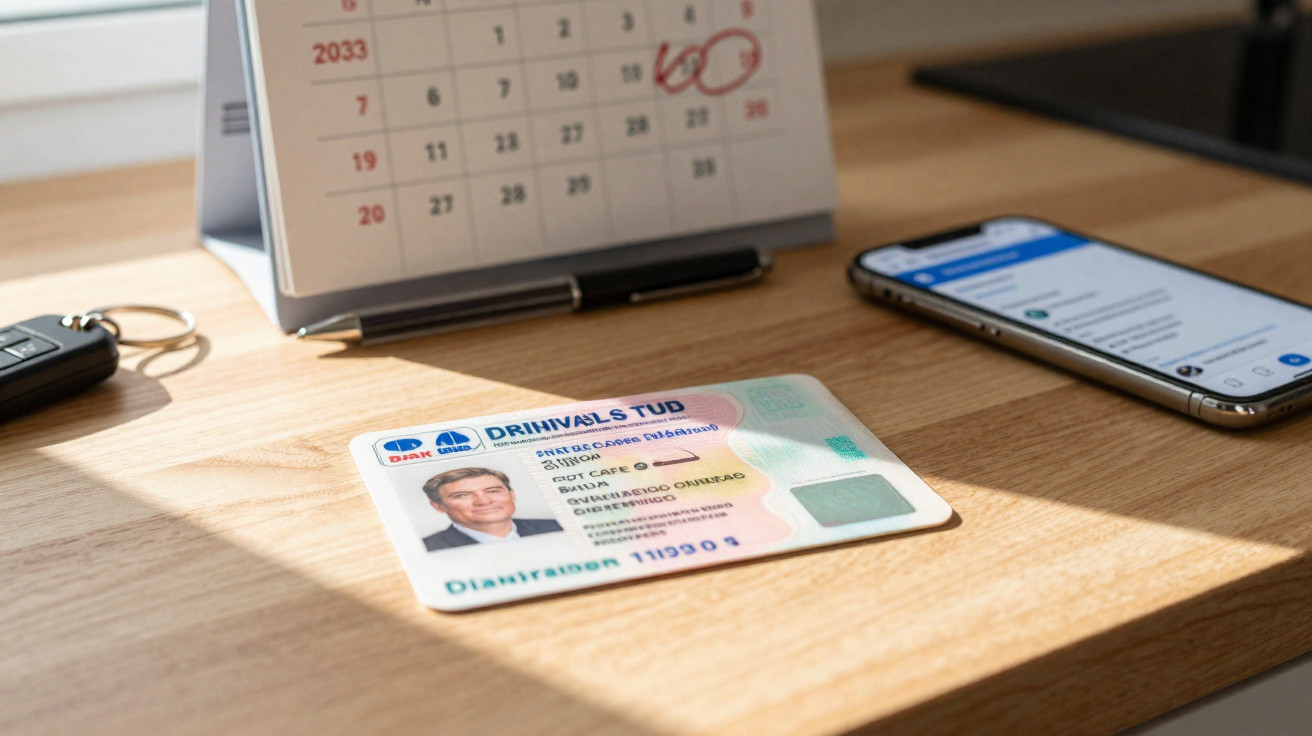 Carteira de motorista em mesa de madeira ao lado de celular, chave e calendário com data marcada.