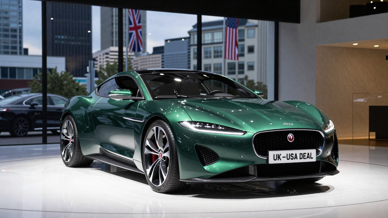 Carro esportivo verde escuro, placa "UK-USA DEAL", em exposição com bandeiras do Reino Unido e EUA ao fundo.