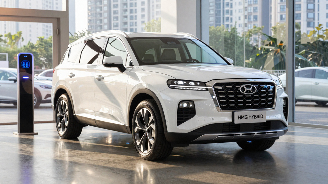 SUV branco Hyundai HMG Hybrid estacionado ao lado de carregador elétrico em showroom espaçoso.