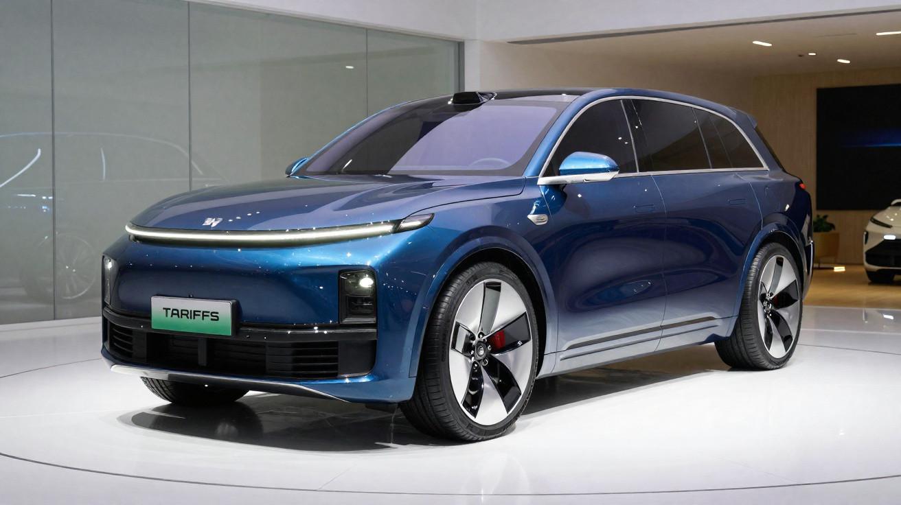 Carro elétrico SUV azul escuro exposto em showroom moderno com design futurista e faróis de LED finos.
