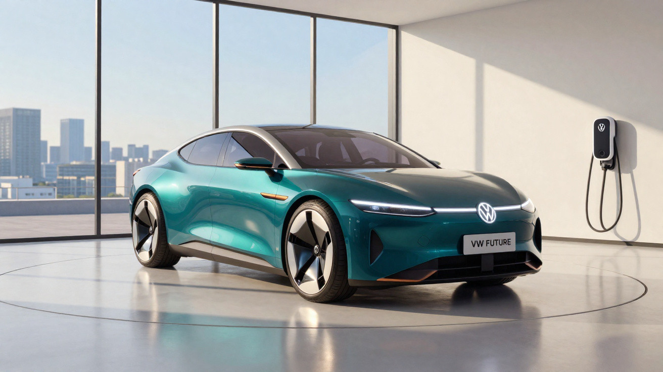 Carro elétrico Volkswagen verde escuro estacionado em garagem ampla com parede de vidro e carregador elétrico.