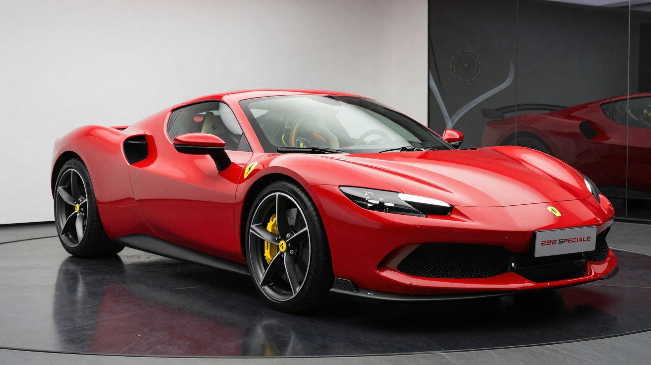 Carro esportivo Ferrari 296 Speciale vermelho estacionado em ambiente interno moderno.