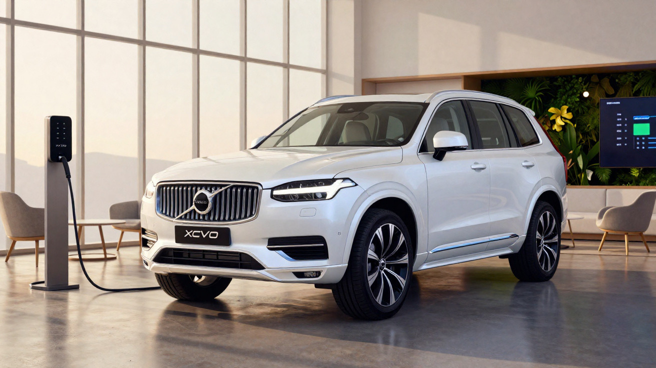 Carro SUV branco Volvo XC90 elétrico conectado a estação de recarga em ambiente moderno.